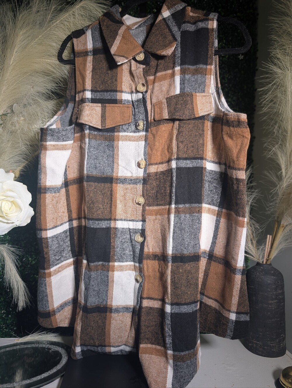 Women’s Plaid Long Shacket Vest Brown Black Size 1X NWT